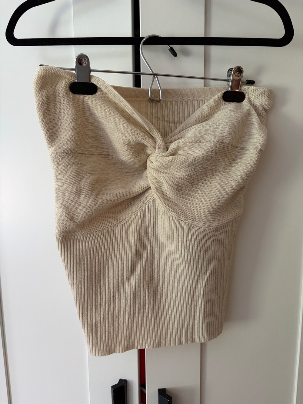 Twist-Front Cream Ribbed Tube Top